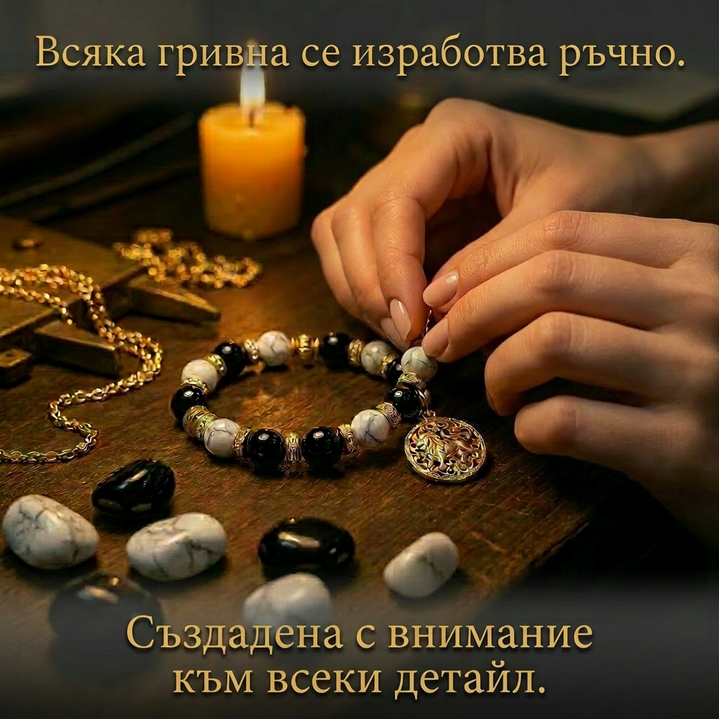 Ръка, която държи ръчно изработена гривна ASTRAYA с естествени камъни